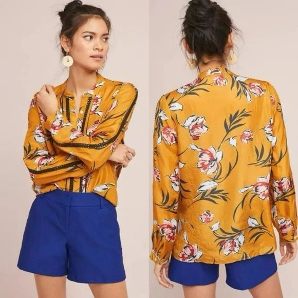 Anthropologie gold mustard floral long sleeve silk shirt M - Picture 1 of 10